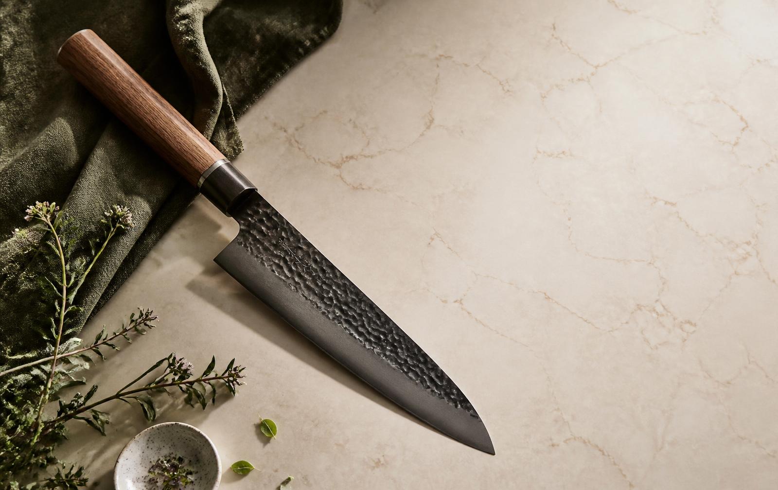 Couteau de chef Matsato avec manche en bois posé sur un plan de travail clair